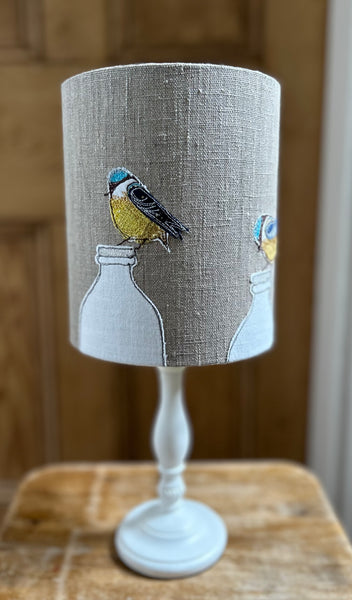 Lampshade - "Breakfast."  Embroidered blue tit birds perched on milk bottles