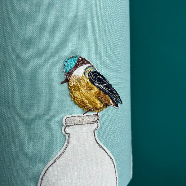 Lampshade - "Breakfast."  Embroidered blue tit birds perched on milk bottles