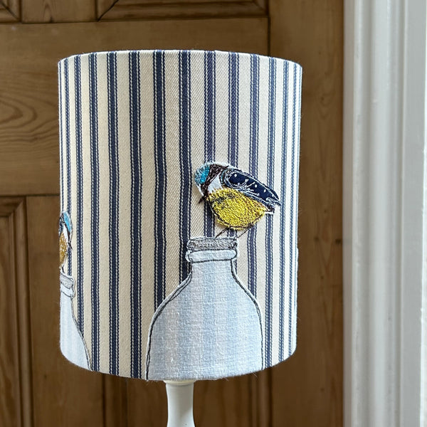 Lampshade - "Breakfast."  Embroidered blue tit birds perched on milk bottles