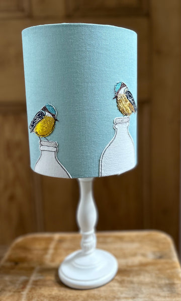 Lampshade - "Breakfast."  Embroidered blue tit birds perched on milk bottles