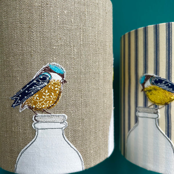 Lampshade - "Breakfast."  Embroidered blue tit birds perched on milk bottles