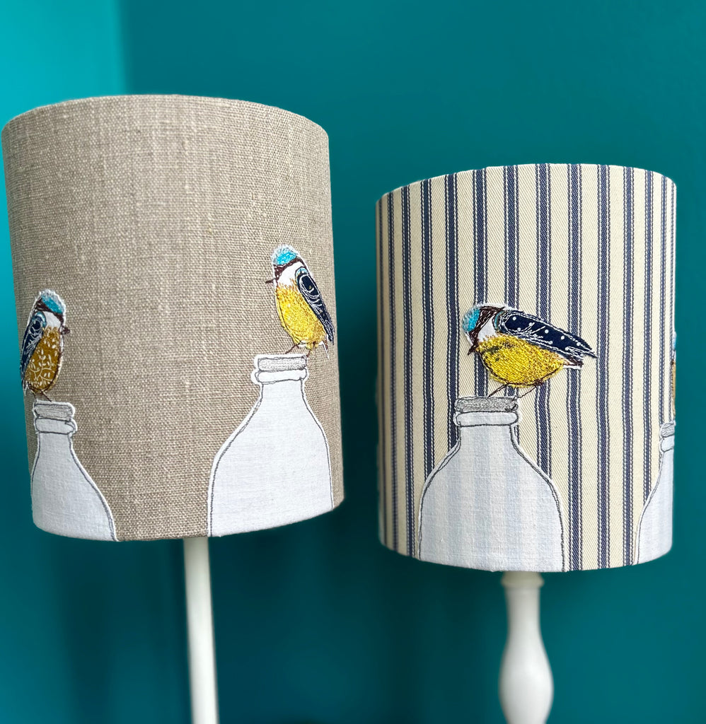 Lampshade - "Breakfast."  Embroidered blue tit birds perched on milk bottles