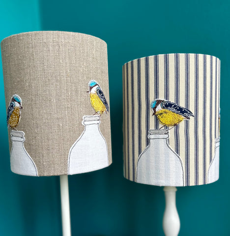 Lampshade - "Breakfast."  Embroidered blue tit birds perched on milk bottles