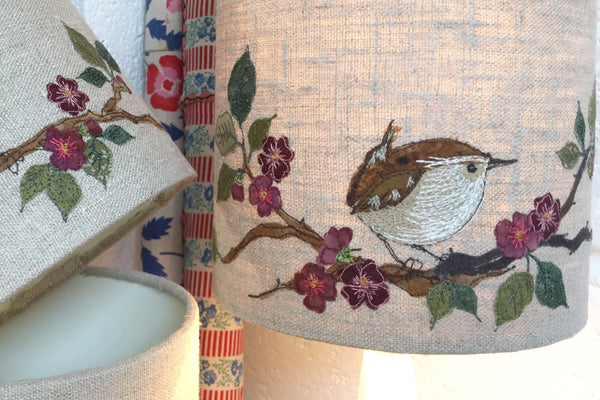 Lampshade - Embroidered wren on blossom (small)