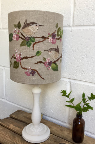 Lampshade - Embroidered wren in blossom (medium)