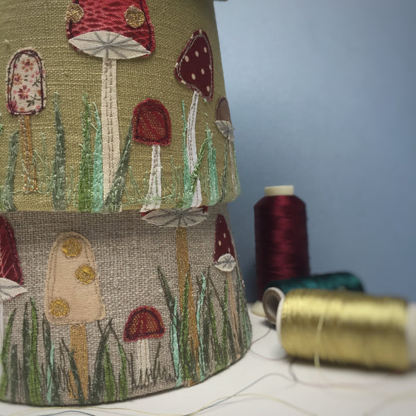 Lampshade - Toadstools on moss green linen.