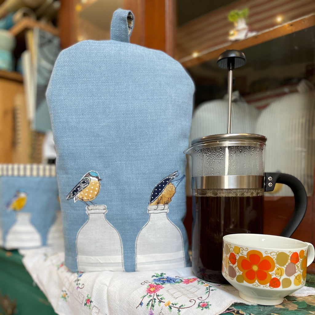 Cafetiere Cosy - "Breakfast" Blue tits on milk bottle.