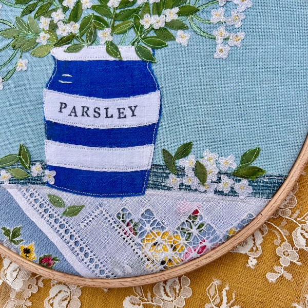 Hooped picture - Embroidered cow parsley in a parsley herb pot.