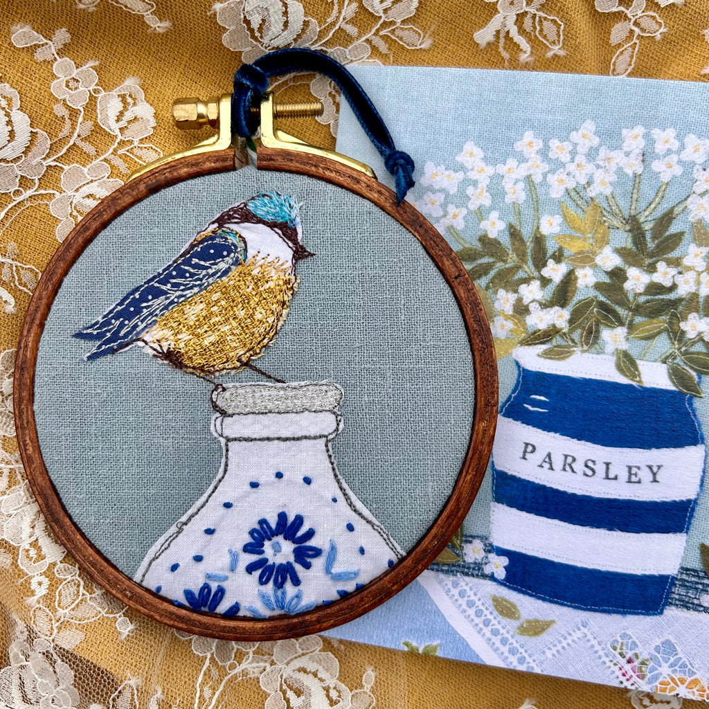 Hooped picture - Blue Tit on milk bottle with greeting card.
