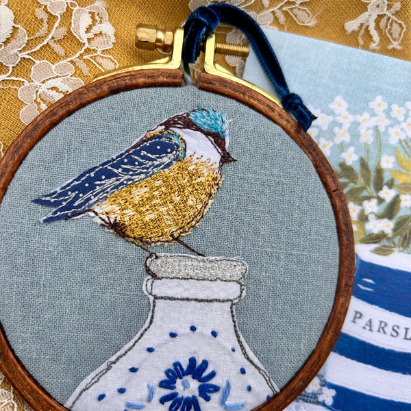Hooped picture - Blue Tit on milk bottle with greeting card.
