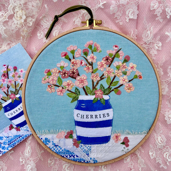 Hooped Picture - Embroidered cherry blossom in a cherry herb pot.