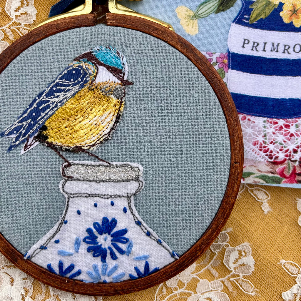Hooped picture - Blue Tit on milk bottle with greeting card.