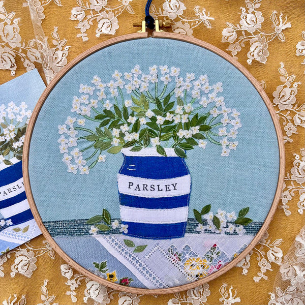 Hooped picture - Embroidered cow parsley in a parsley herb pot.