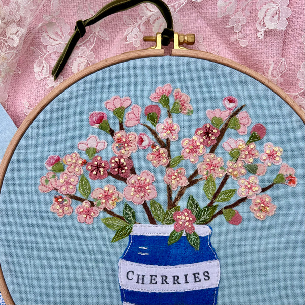 Hooped Picture - Embroidered cherry blossom in a cherry herb pot.