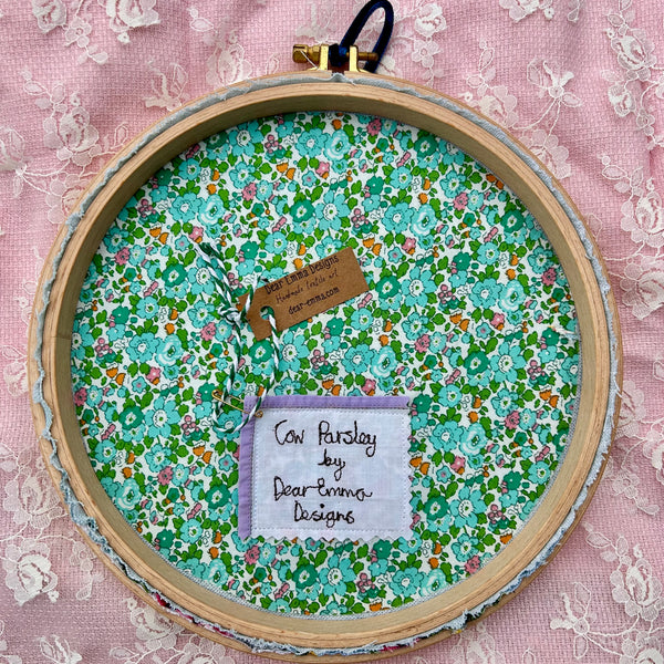 Hooped picture - Embroidered cow parsley in a parsley herb pot.