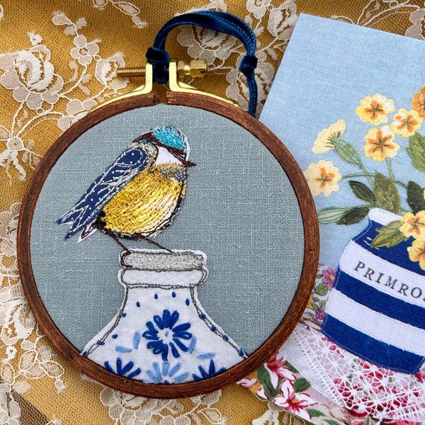 Hooped picture - Blue Tit on milk bottle with greeting card.