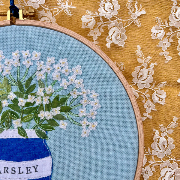 Hooped picture - Embroidered cow parsley in a parsley herb pot.