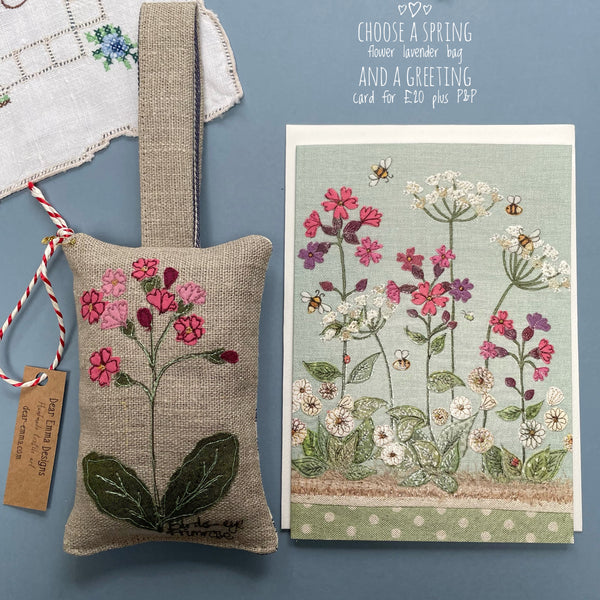 Lavender bag with greeting card - Birds-eye primrose flower.