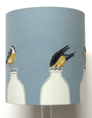 Lampshade - "Breakfast" - Embroidered blue tit birds perched on milk bottles