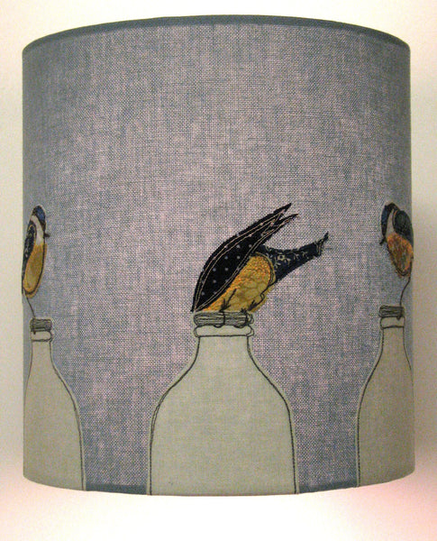 Lampshade - "Breakfast" - Embroidered blue tit birds perched on milk bottles