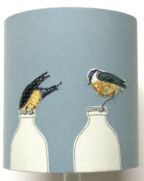 Lampshade - "Breakfast" - Embroidered blue tit birds perched on milk bottles
