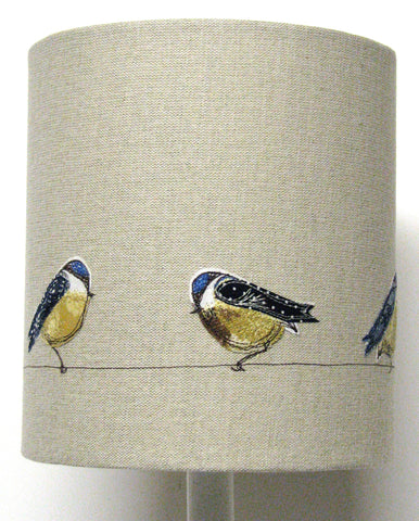 Lampshade - Embroidered blue tit birds perched on a wire.