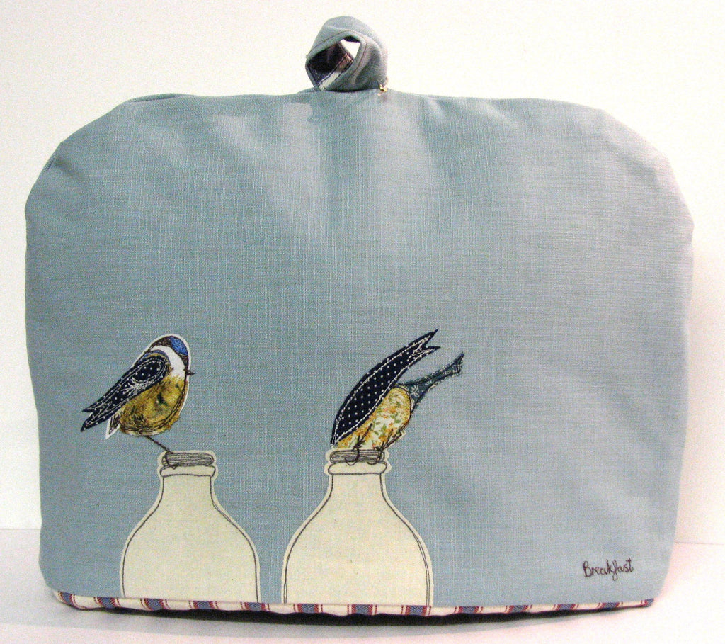 Tea Cosy - "Breakfast" Blue tits on milk bottles