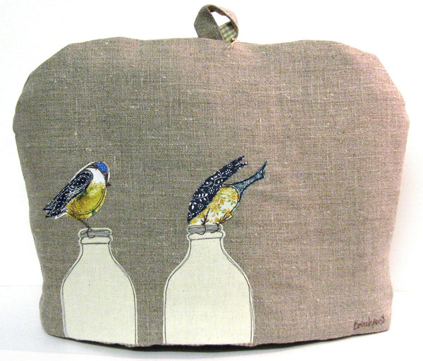 Tea Cosy - "Breakfast" Blue tits on milk bottles