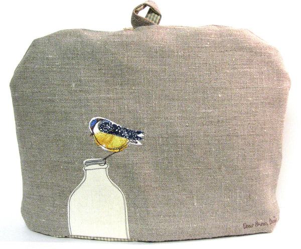 Tea Cosy - "Breakfast" Blue tits on milk bottles