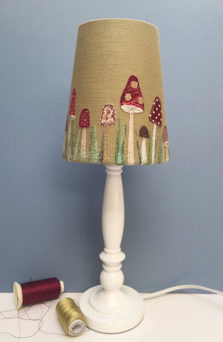 Lampshade - Toadstools on moss green linen.