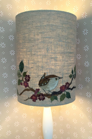 Lampshade - Embroidered wren on blossom (small)