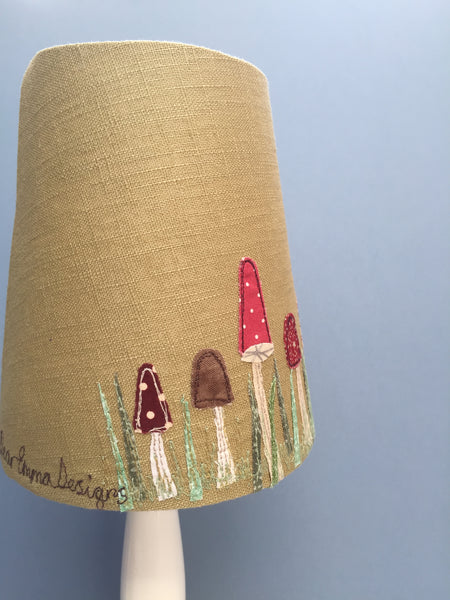 Lampshade - Toadstools on moss green linen.
