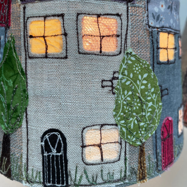 Lampshade - Embroidered Street Scene With Window Cut-Outs
