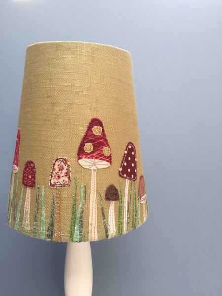 Lampshade - Toadstools on moss green linen.