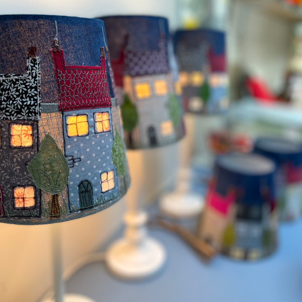 Lampshade - Embroidered Street Scene With Window Cut-Outs