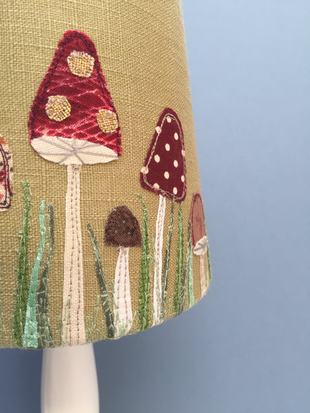 Lampshade - Toadstools on moss green linen.