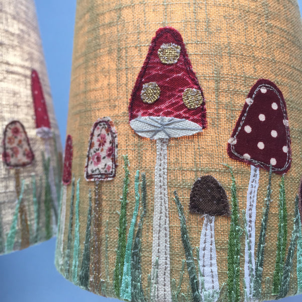 Lampshade - Toadstools on natural linen.